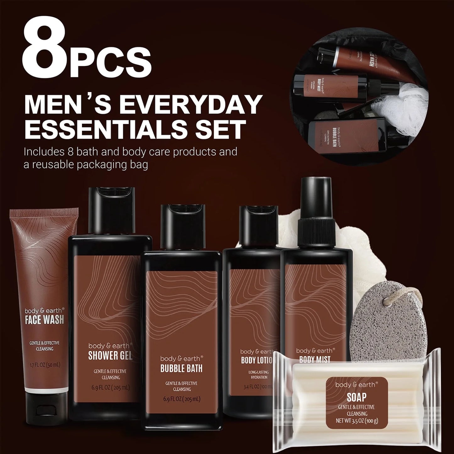Bath Gift Sets for Men Father'S Day Gift Ideas, 8 Pcs Sandalwood Luxury Spa Gift Basket Body Care Sets with Toiletry Bag Birthday Gifts for Dad Husband