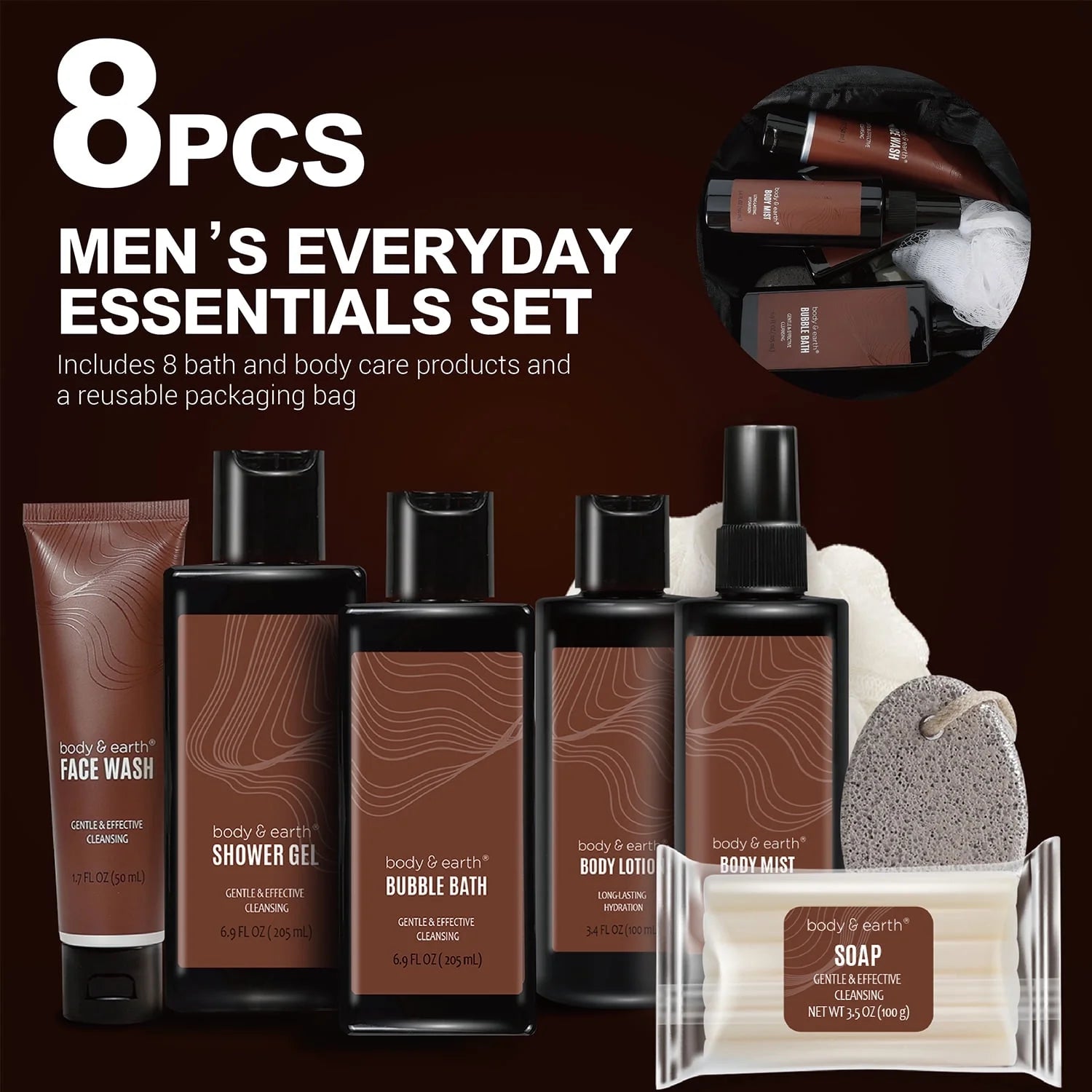Bath Gift Sets for Men Father'S Day Gift Ideas, 8 Pcs Sandalwood Luxury Spa Gift Basket Body Care Sets with Toiletry Bag Birthday Gifts for Dad Husband