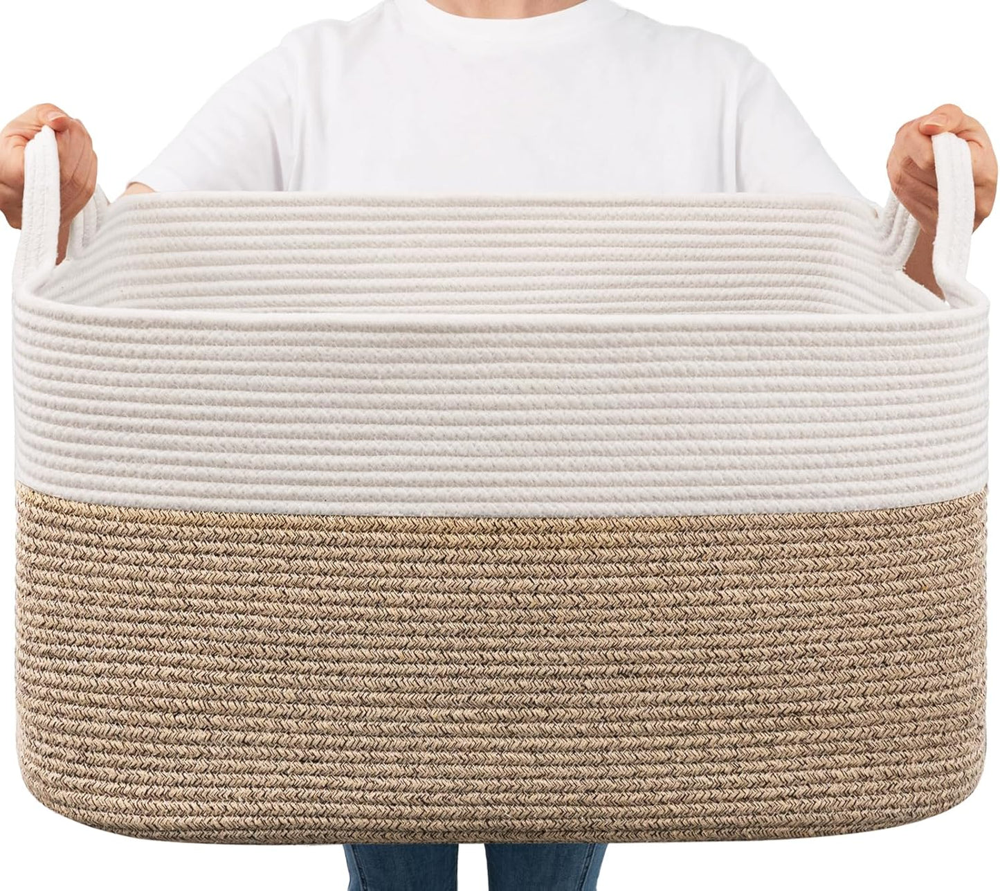 Large Woven Rope Blanket Basket, Rectangle, White & Light Brown | 21.6" × 14.9" × 11.8" Storage Basket for Pillows & Toys Laundry, Nursery & Living Room Organization, Reinforced Handles