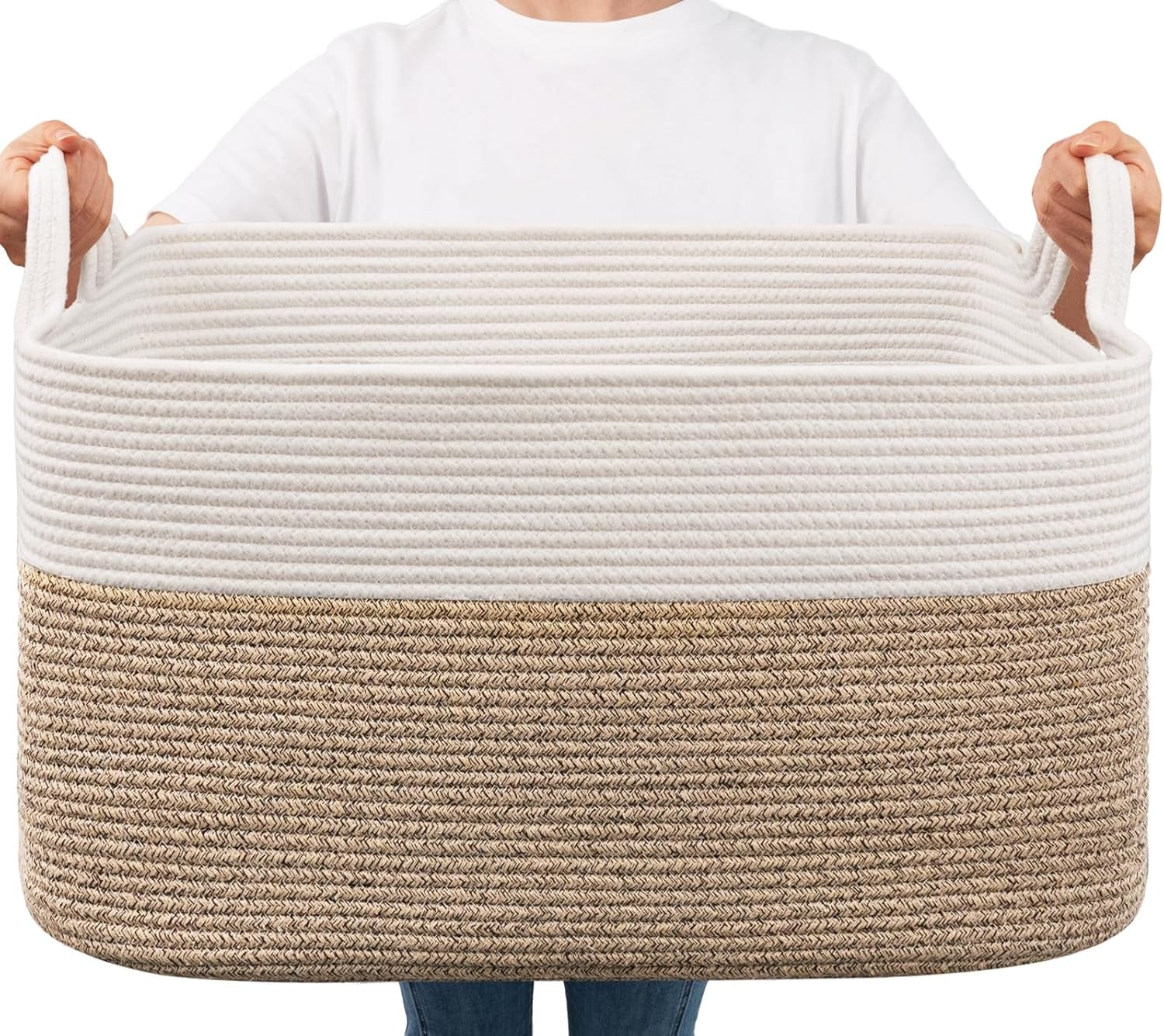 Large Woven Rope Blanket Basket, Rectangle, White & Light Brown | 21.6" × 14.9" × 11.8" Storage Basket for Pillows & Toys Laundry, Nursery & Living Room Organization, Reinforced Handles