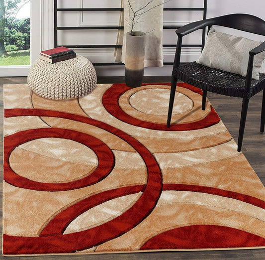 Area Rug Modern 8X10 Dark Red Circles Geometry Soft Hand Carved Contemporary Floor Carpet Fluffy Texture for Indoor Living Dining Room and Bedroom Area