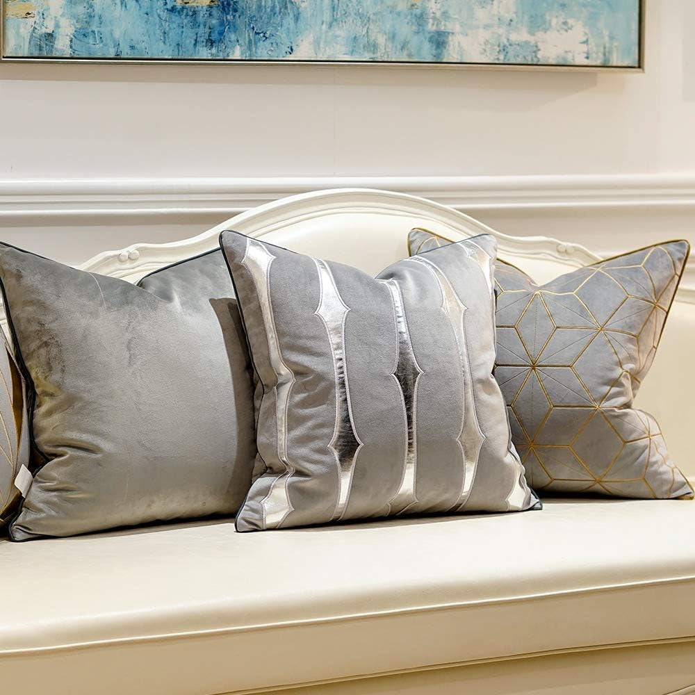 20 X 20 Inches Grey Gold Plaid Cushion Case Luxury European Throw Pillow Cover Decorative Pillow for Couch Living Room Bedroom Car