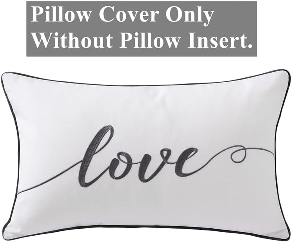 Decorative Throw Pillow Covers 12X20 Inches, Embroidery Love Soft Cotton Lumbar Pillow Case, Gray Rectangular Cushion Cover for Bed, Bedroom, Pack of 1.