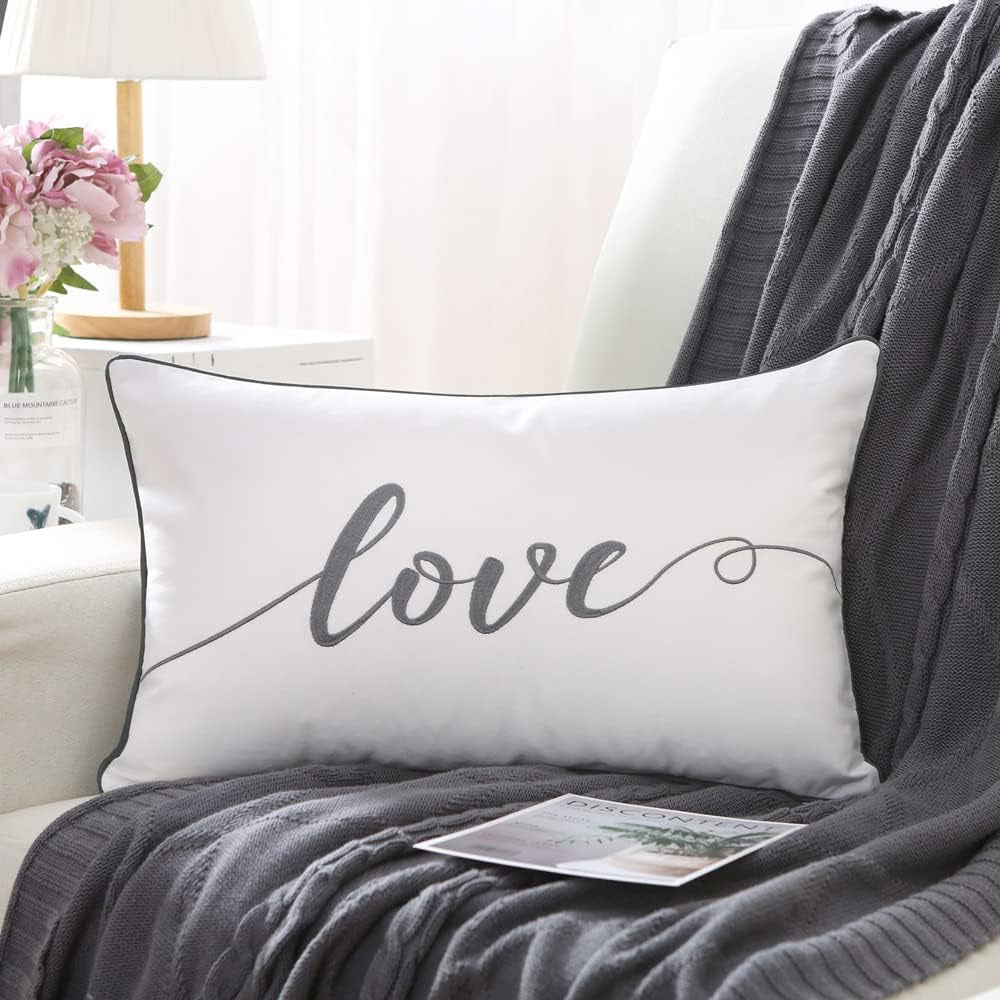 Decorative Throw Pillow Covers 12X20 Inches, Embroidery Love Soft Cotton Lumbar Pillow Case, Gray Rectangular Cushion Cover for Bed, Bedroom, Pack of 1.