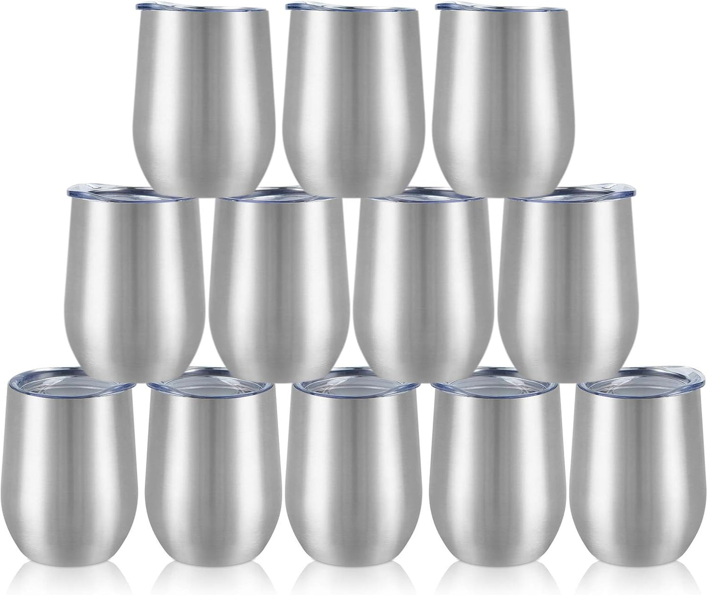 12 Pack Stainless Steel Wine Tumblers, 12Oz Double Wall Vacuum Insulated Wine Tumblers with Lids and Straws, Stainless Steel Stemless Wine Glasses for Coffee, Wine, Cocktails, Champaign, Silver