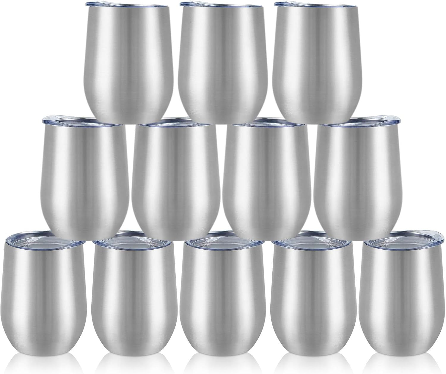 12 Pack Stainless Steel Wine Tumblers, 12Oz Double Wall Vacuum Insulated Wine Tumblers with Lids and Straws, Stainless Steel Stemless Wine Glasses for Coffee, Wine, Cocktails, Champaign, Silver