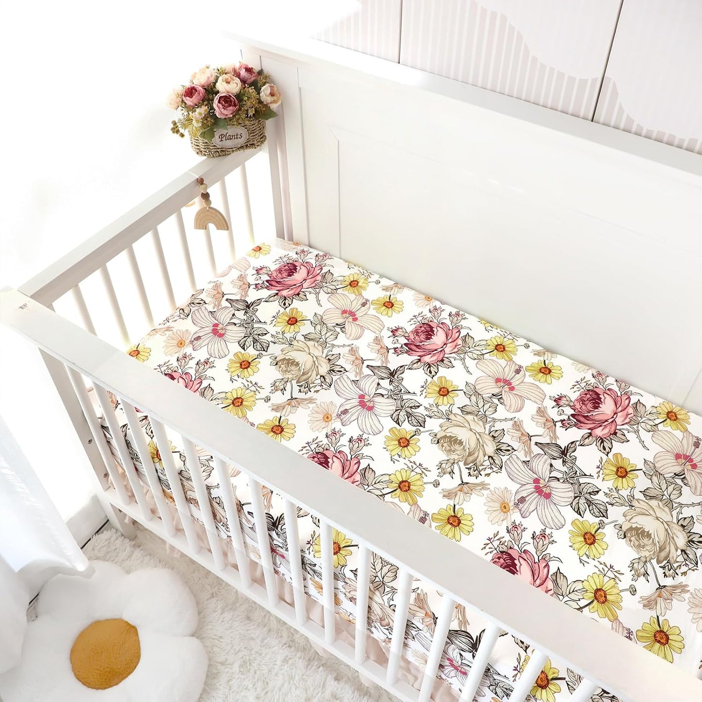 Crib Sheets for Girl Boy,  Crib Sheet Fitted Fits for Standard Crib & Toddler Mattresses, Ultra Soft Breathable Baby Crib Sheets Neutral 52'' X 28'' Inch Boho Crib Sheet, Daisy Floral