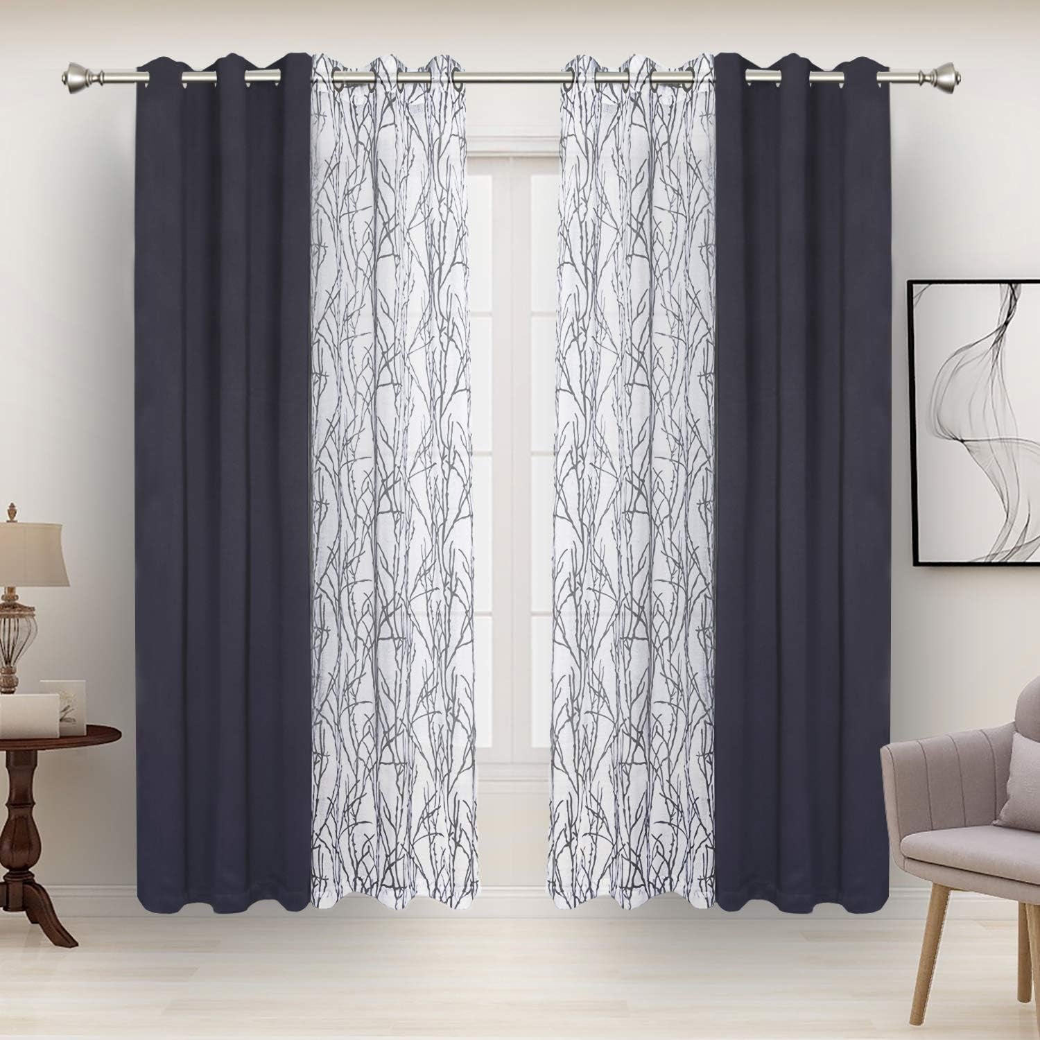 4 Panels Set Mix and Match Curtains for Bedroom Living Room | 2 Pieces Branch Print Sheer Curtains and 2 Pieces Blackout Curtains Privacy Grommet Window Drapes 37X63 Inch/Panel, Grey Dark