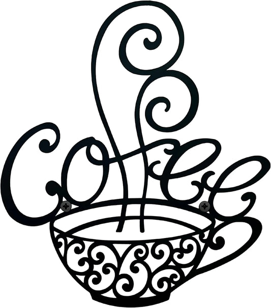 Coffee Signs - Coffee Cup Metal Wall Decor - Black Scrolled Mug for Home, Coffee Shop, Kitchen