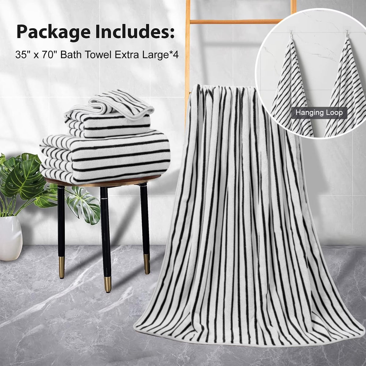 4 Pack Black White Bicolor Bar Stripe Large Bath Towels Set Oversized Bath Sheet Soft Towel Set