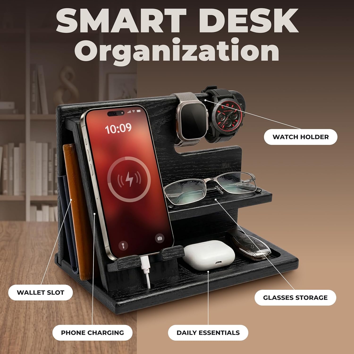 Wood Phone Docking Station for Men - Desktop or Nightstand Organizer - Birthday Gifts for Men, Dad - Anniversary Idea from Wife - Key Holder, Stand Wallet, Watch & Essentials (Granite Black)