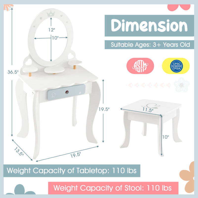 Kids 2-In-1 Princess Makeup Table and Chair Set with Removable Mirror