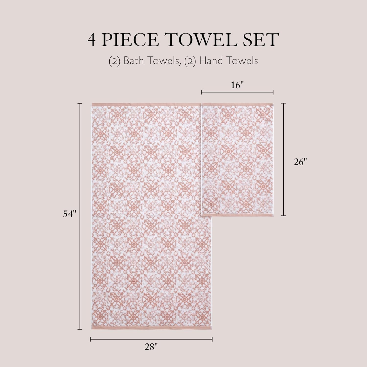 - Bath Towel 4 Piece Set, Aziza, Premium Bathroom Decor, Includes 2 Hand Towels and 2 Shower Towels, 100% Cotton & Machine Washable, Rose Smoke