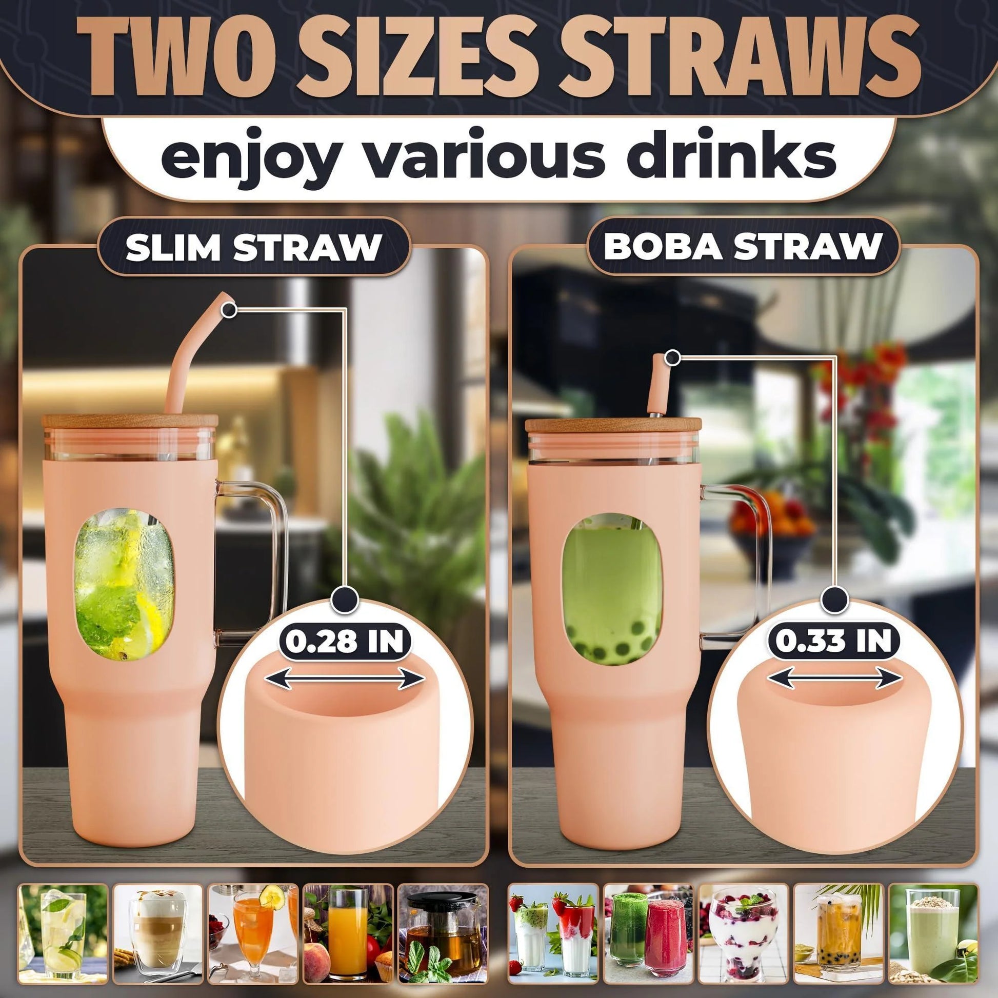 46 Oz Glass Tumbler with Straw and Lid Peach Glass Water Bottle with Natural Bamboo Lid 2 Slim and Boba Straws Silicone Sleeve Dishwasher Safe Car Holder Friendly Ergonomic Grip Easy Visibility