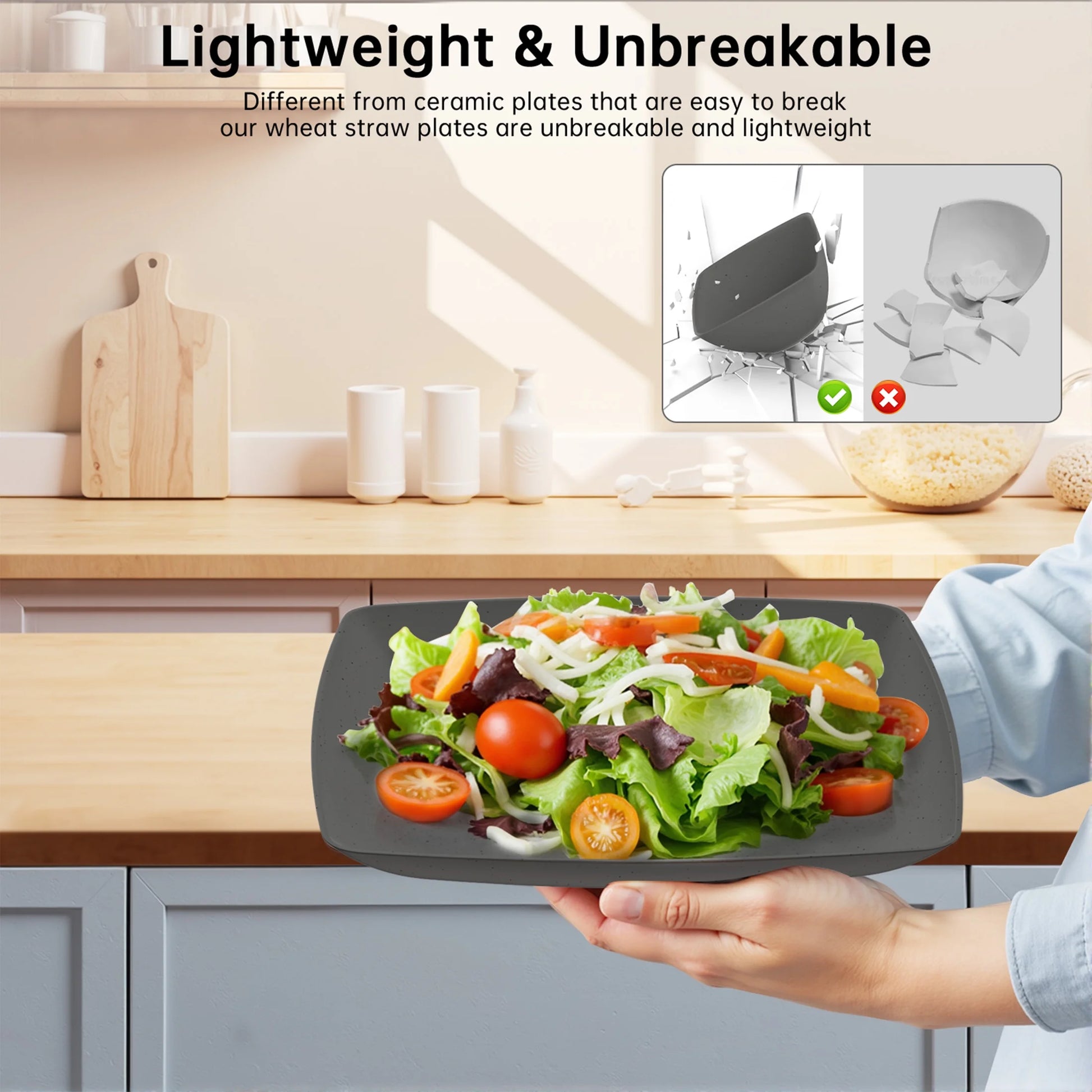 24 Pcs Wheat Straw Square Dinnerware Sets for 4, Unbreakable Dish Sets, Reusable Plates and Bowls Sets, Dinner Plates, Travel Camping Cutlery Set, Dishwasher Microwave Safe, Gray