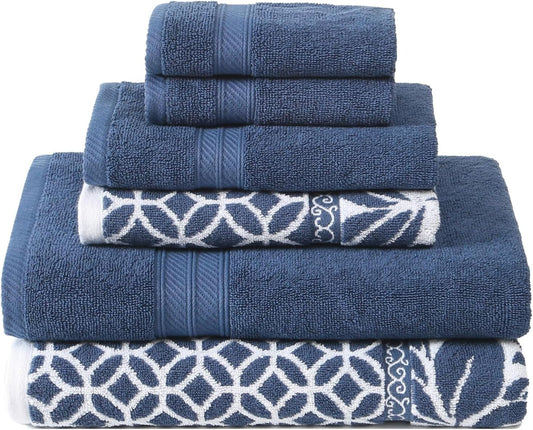 Trefoil Filigree 6-Piece 100% Cotton Towel Set – Reversible Yarn Dyed Jacquard – Includes 2 Bath Towels, 2 Hand Towels, 2 Washcloths – Absorbent, Quick Dry, Soft & Durable – Navy Blue