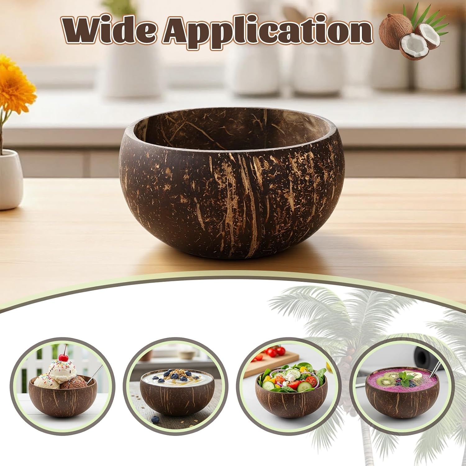 14 PCS Natural Coconut Shell Bowls, Polished Coconut Bowls, Polished Wooden Bowl for Acai Organic Salad Vegan Gifts Rustic Kitchen Decor, Diameter 3.7-4.5 Inch