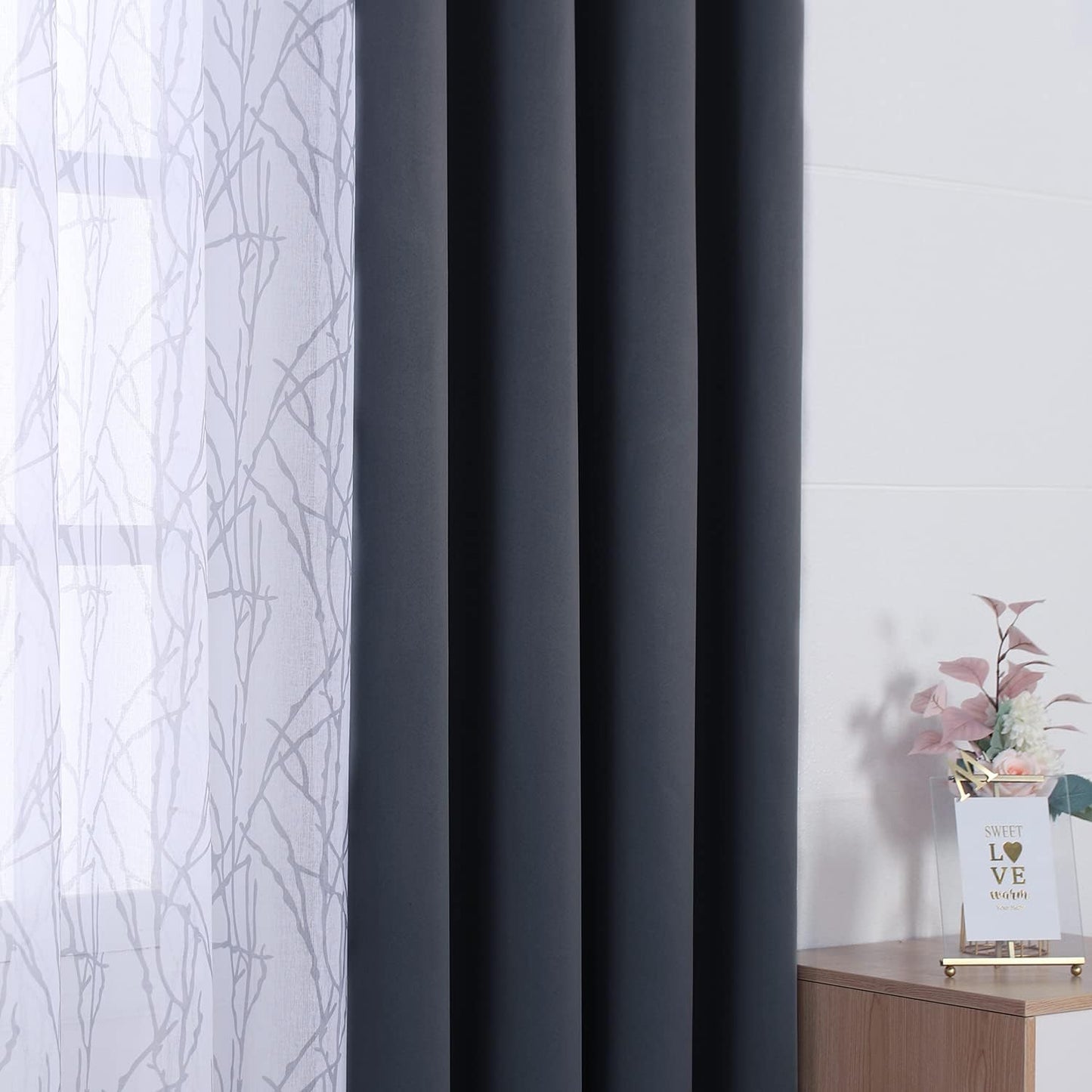 4 Panels Set Mix and Match Curtains for Bedroom Living Room | 2 Pieces Branch Print Sheer Curtains and 2 Pieces Blackout Curtains Privacy Grommet Window Drapes 37X63 Inch/Panel, Grey Dark