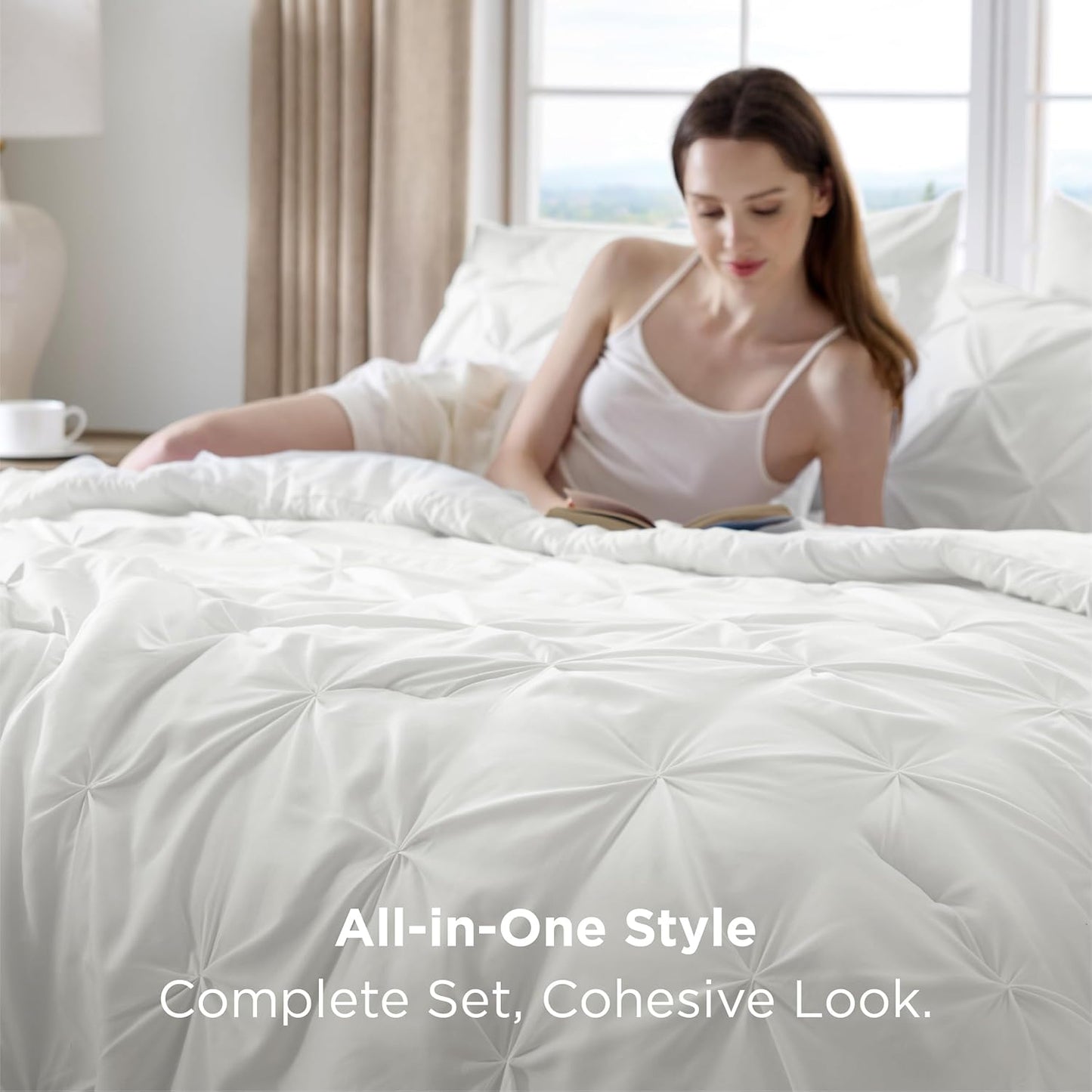 Twin Comforter Set White - Bed in a Bag Twin Size 5 Pieces, Gentlesoft™ Pintuck Bed Set Gift for Family, Pinch Pleat White Comforter with Sheets, Pillowcase & Sham