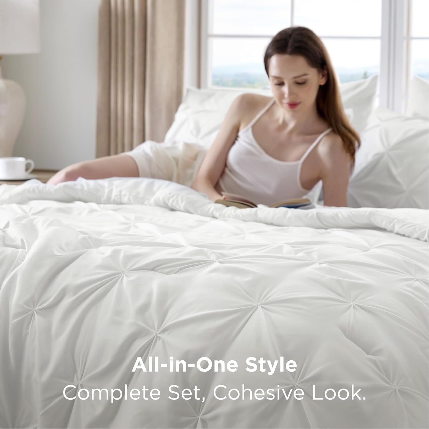 Twin Comforter Set White - Bed in a Bag Twin Size 5 Pieces, Gentlesoft™ Pintuck Bed Set Gift for Family, Pinch Pleat White Comforter with Sheets, Pillowcase & Sham