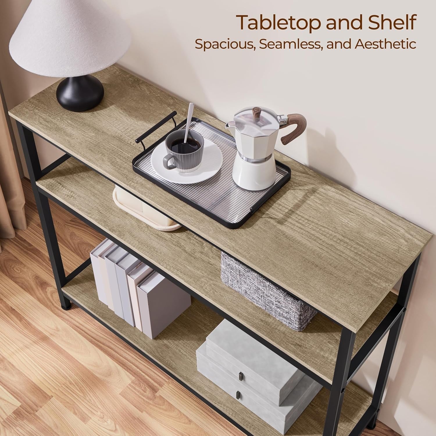 Entryway Table with Storage Shelves, 40 Inch Console Table with Metal Frame, Wood behind Couch Sofa Tables for Entryway, Living Room, Gray