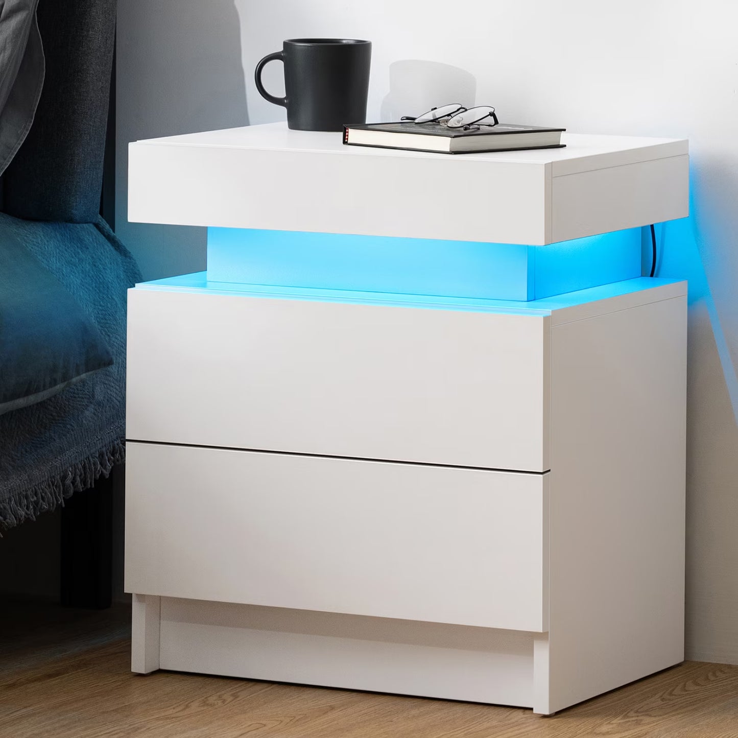 Modern LED Nightstand with 2 Drawers High Gloss Led Light Bedside Table Storage White Night Table with Lights End Side Table with Drawer for Bedroom 20.5" Tall