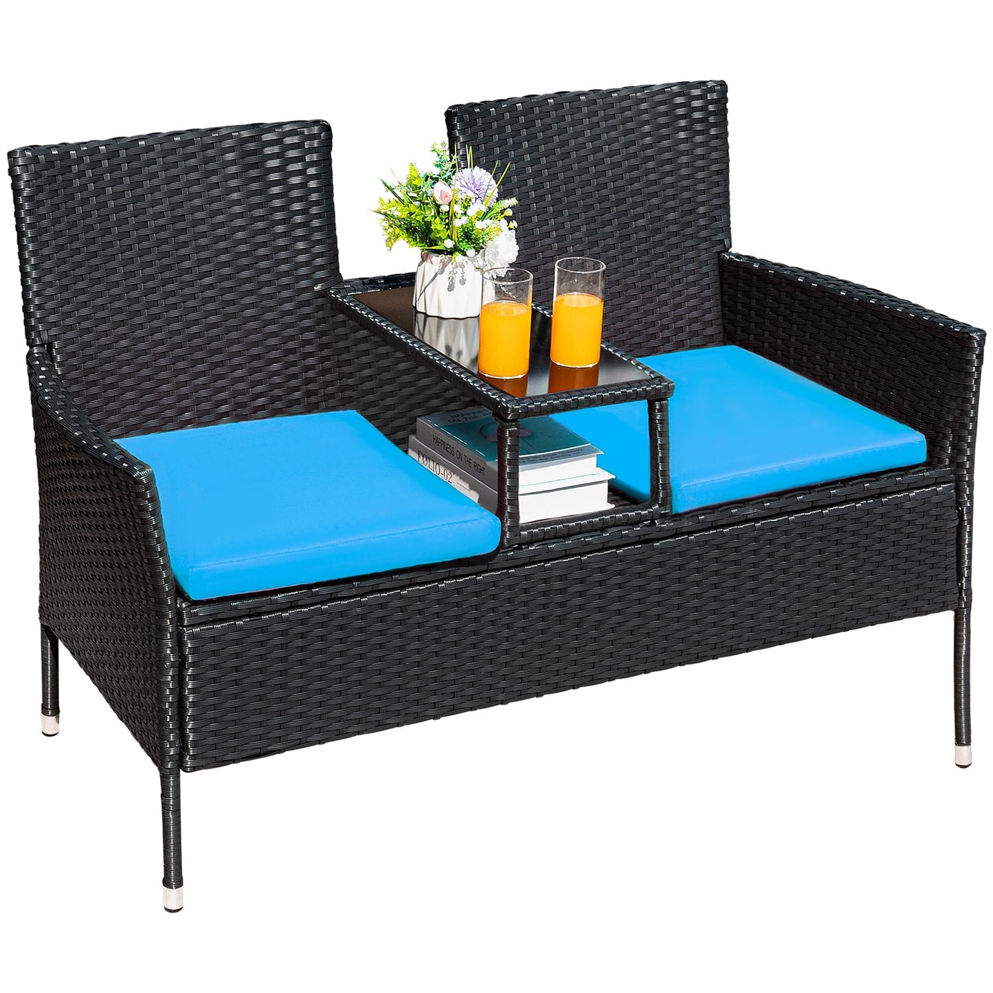 Outdoor Patio Loveseat Rattan Patio Conversation Furniture Set with Coffee Table, Blue