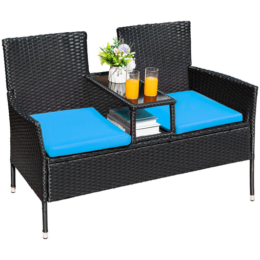 Outdoor Patio Loveseat Rattan Patio Conversation Furniture Set with Coffee Table, Blue