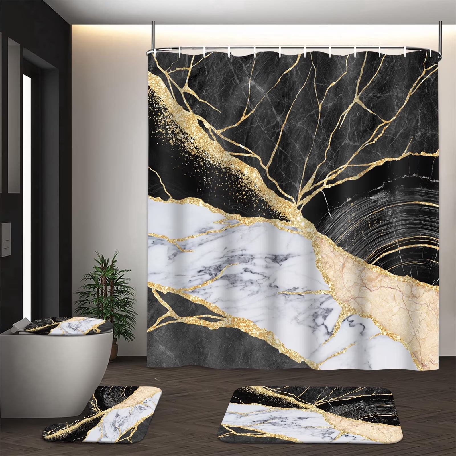 Black Gold Marble Shower Curtain Sets with Rugs, 16 Pc Modern Abstract Bathroom Sets, Waterproof Fabric Bathroom Curtain Decor with Hooks