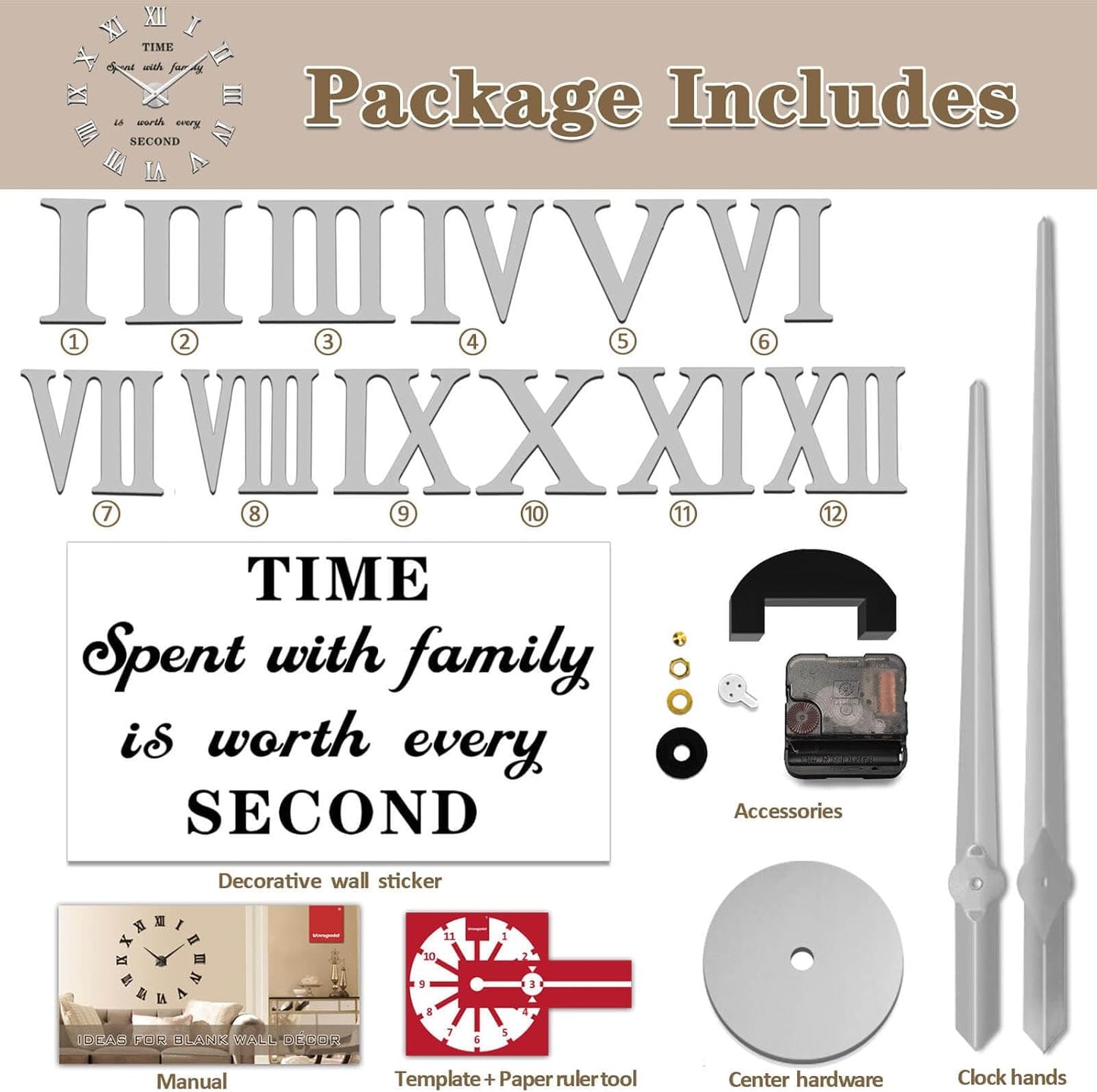Wall Clock 26"~39",Super Long Warranty 90 Days, Free Replacement Quality Problems;Noble Stylish Oversized Numeral Modern Home for Living Room,Kitchen,Farmhouse,Fireplace(Mirror Silver)