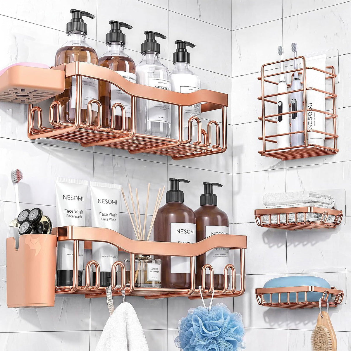 Shower Caddy Adhesive Shower Organizer 7-Pack, Rustproof Stainless Steel Bathroom Shelves, Large Capacity No-Drill Rack Storage Accessories with Soap Dish Toothbrush Holder Hooks