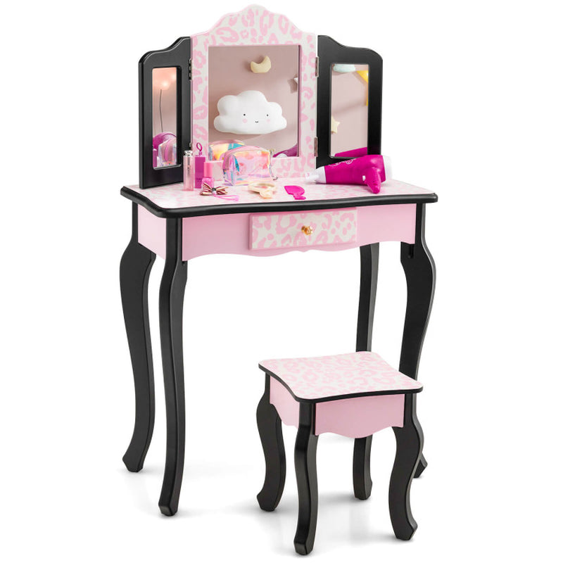 Kid Vanity Set with Tri-Folding Mirror and Leopard Print