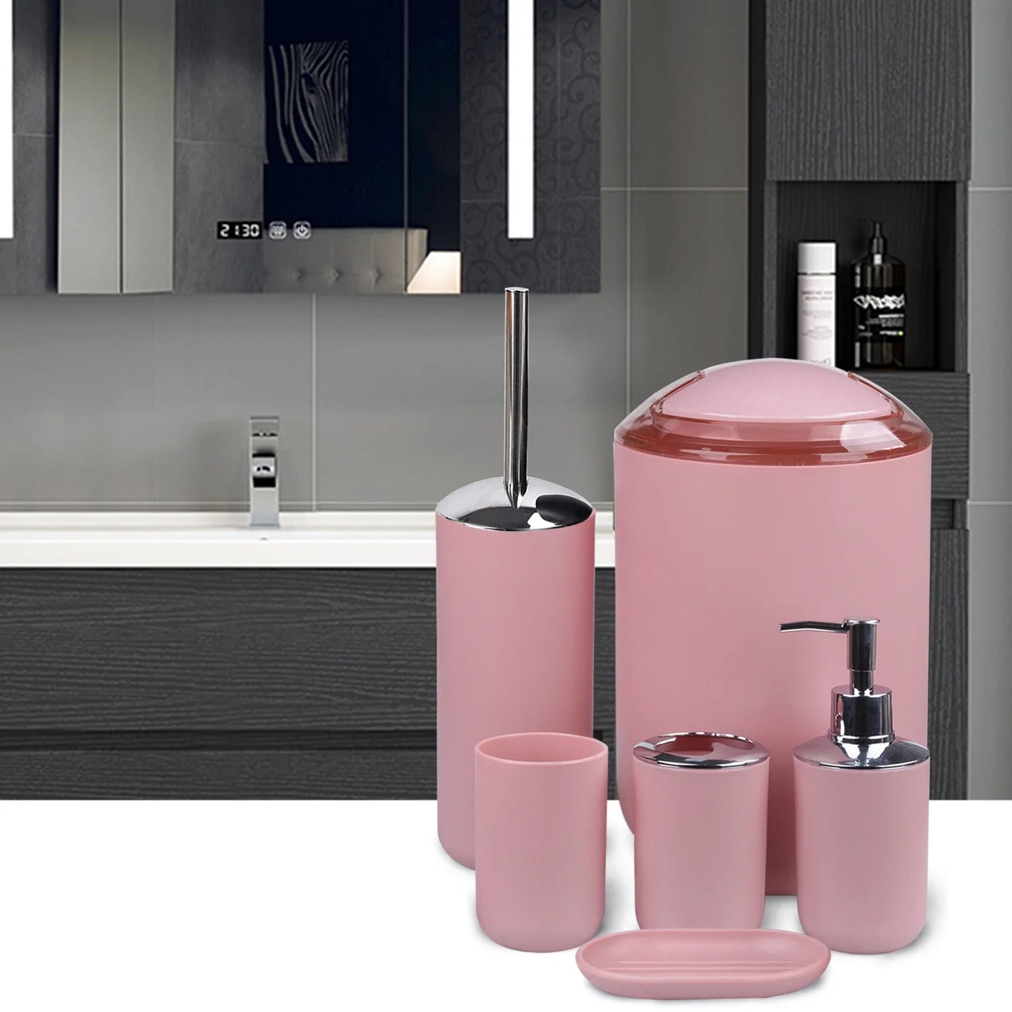 Bathroom Accessories Set 6 Pcs Bathroom Set Ensemble Complete Soap Dispenser Toothbrush Holder Tumbler Soap Dish Toilet Cleaning Brush Trash Can, Pink