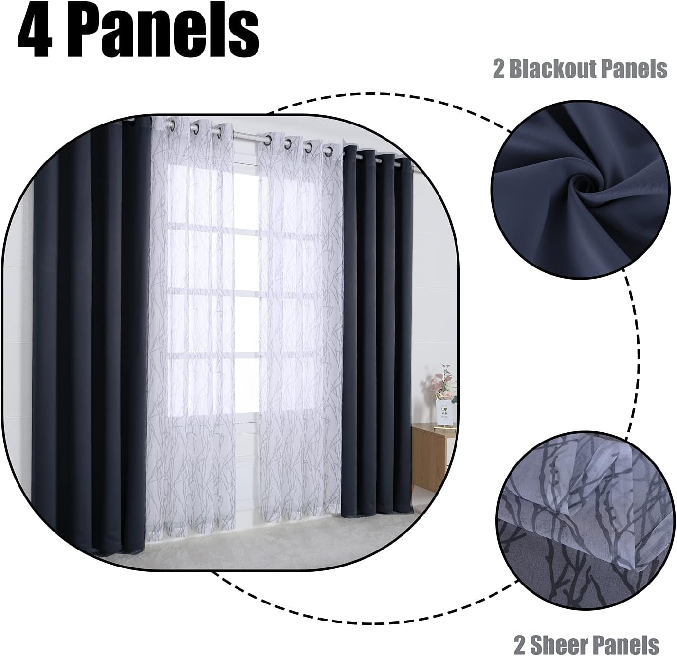 4 Panels Set Mix and Match Curtains for Bedroom Living Room | 2 Pieces Branch Print Sheer Curtains and 2 Pieces Blackout Curtains Privacy Grommet Window Drapes 37X63 Inch/Panel, Grey Dark