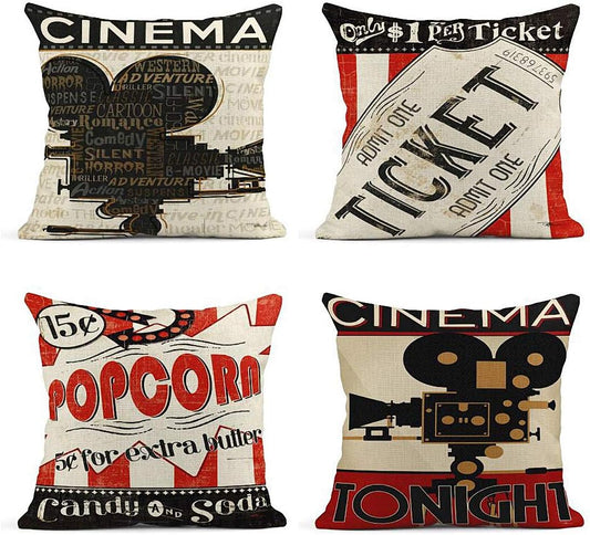 Set of 4 Linen Throw Pillow Covers Vintage Cinema Movie Theater Fresh Popcorn Projector Admit One Decorative Pillow Cases Home Decor Square 18X18 Inches Pillowcases
