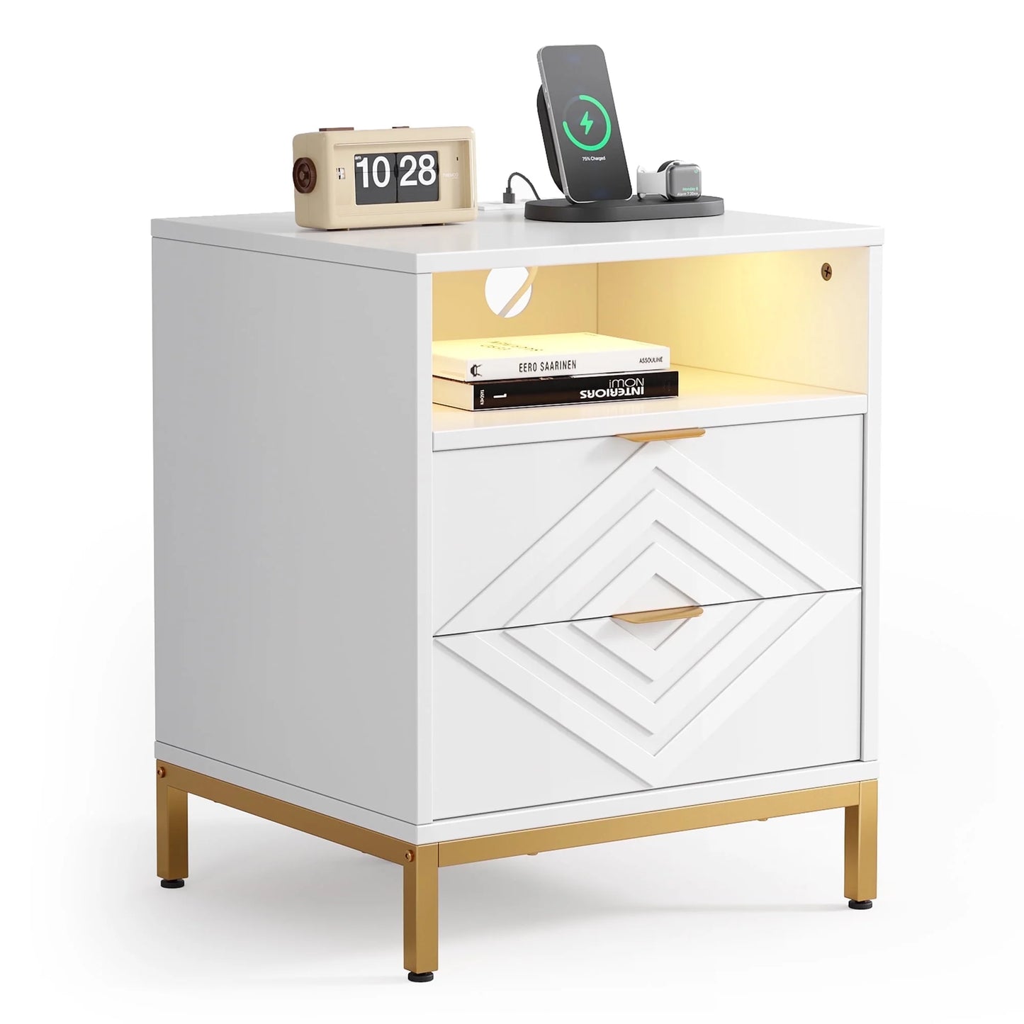 LED Nightstand with 2 Drawers, Charging Station, White Modern Night Table High Gloss End Side Table for Bedroom