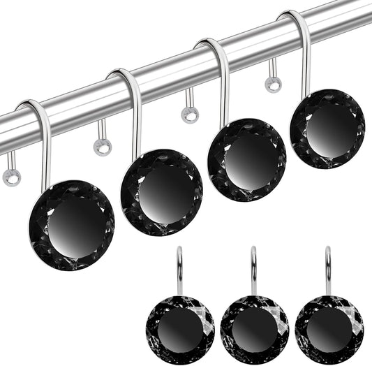 24PCS Shower Curtain Hooks Rings for Bathroom, Stainless Steel Rust Resistant Decorative Rhinestones Shower Curtain Rings Hangers for Shower Curtains, Clothing, Towels, Etc. (Black)