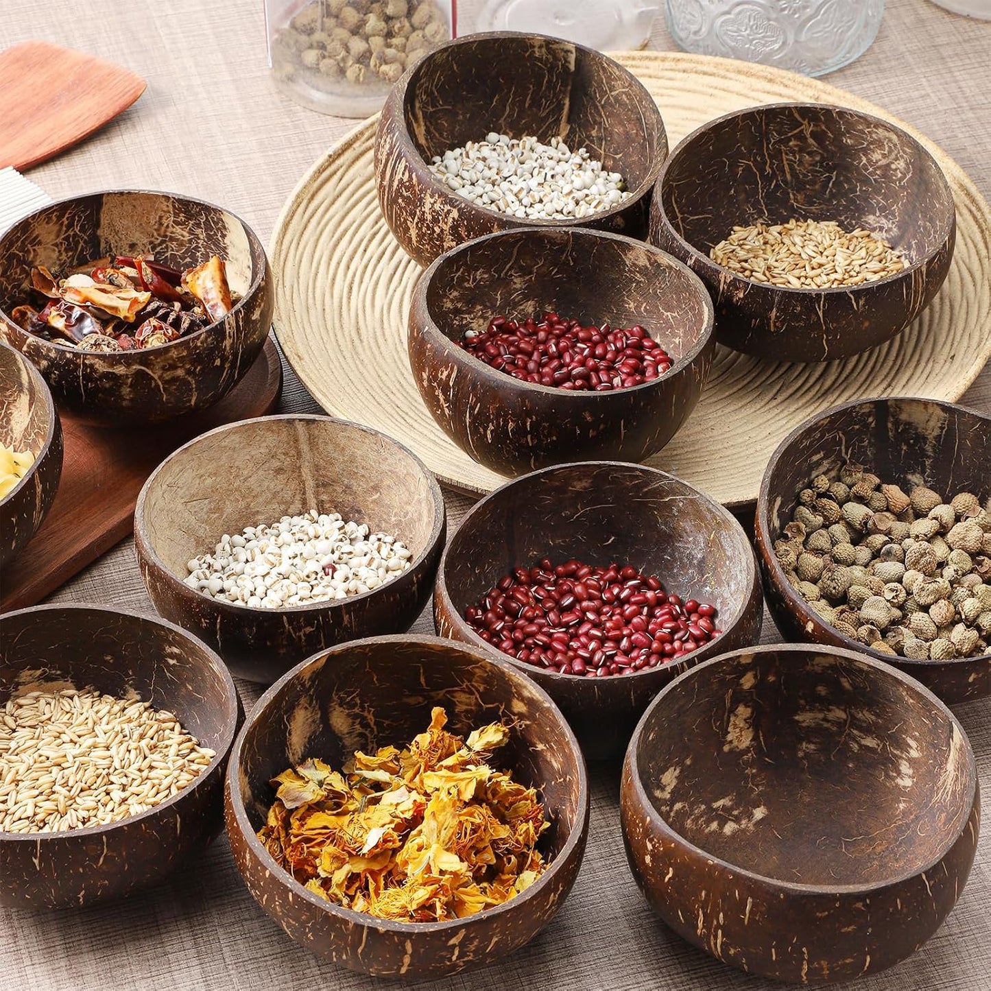 14 PCS Natural Coconut Shell Bowls, Polished Coconut Bowls, Polished Wooden Bowl for Acai Organic Salad Vegan Gifts Rustic Kitchen Decor, Diameter 3.7-4.5 Inch