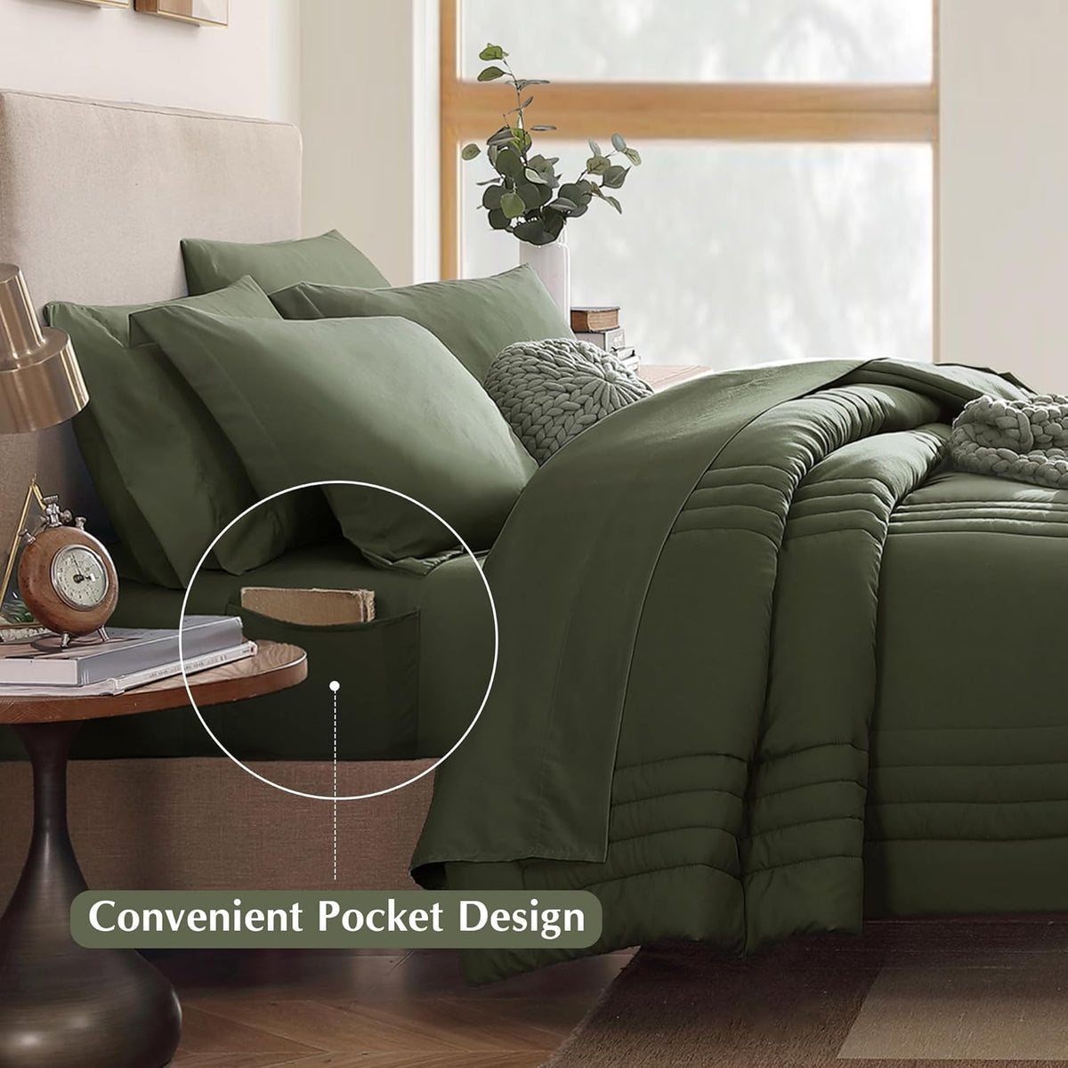 Queen Comforter Set-7 Pieces Green Soft Bed in a Bag Queen Bedding Sets