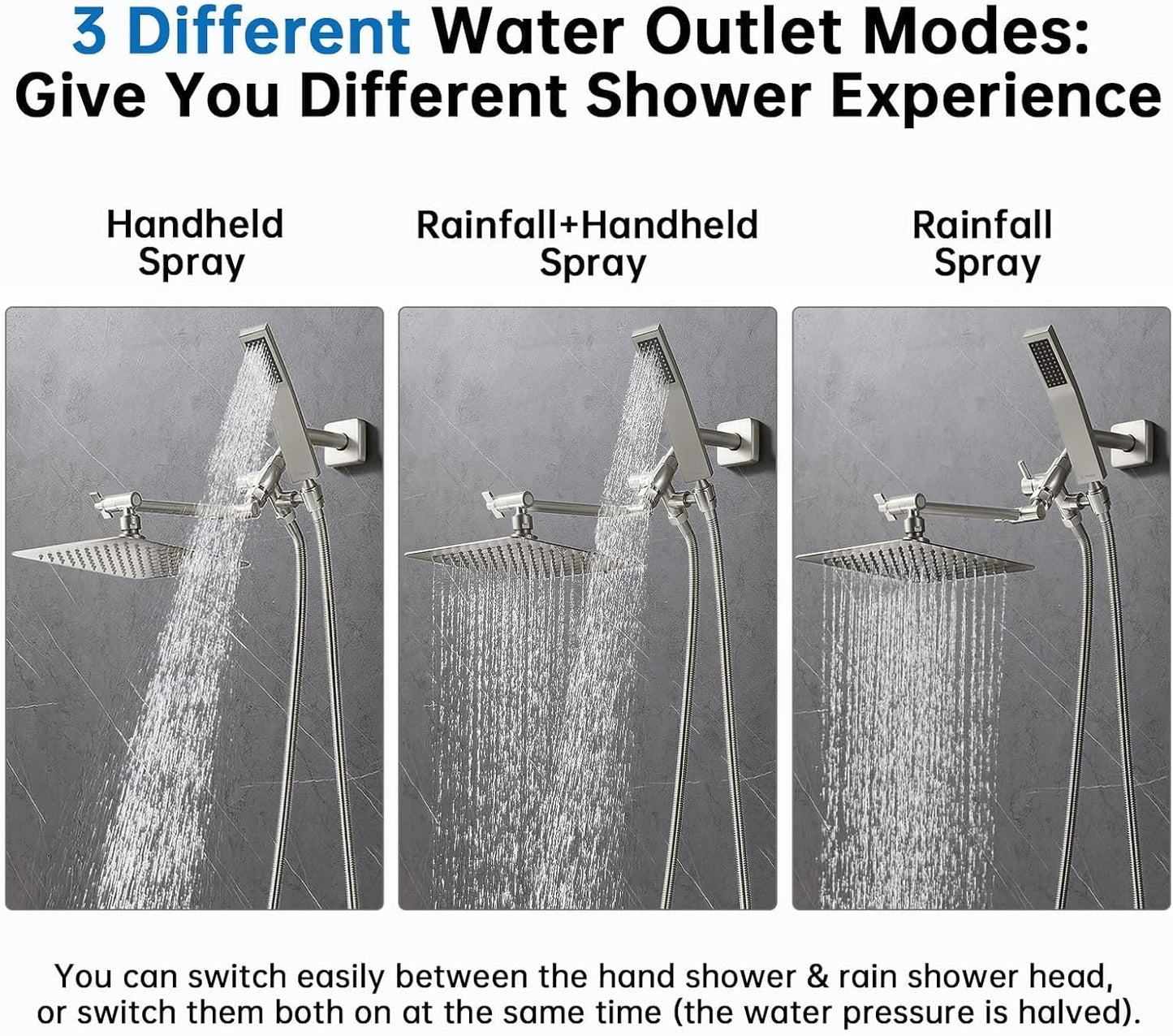 All Metal 8 Inch Dual Square Shower Head with Handheld Spray Combo, Rain Shower Head, Adjustable Extension Arm, 3-Way Diverter, 71 Inch Extra Long Hose - a Bathroom Upgrade (Brushed Nickel)