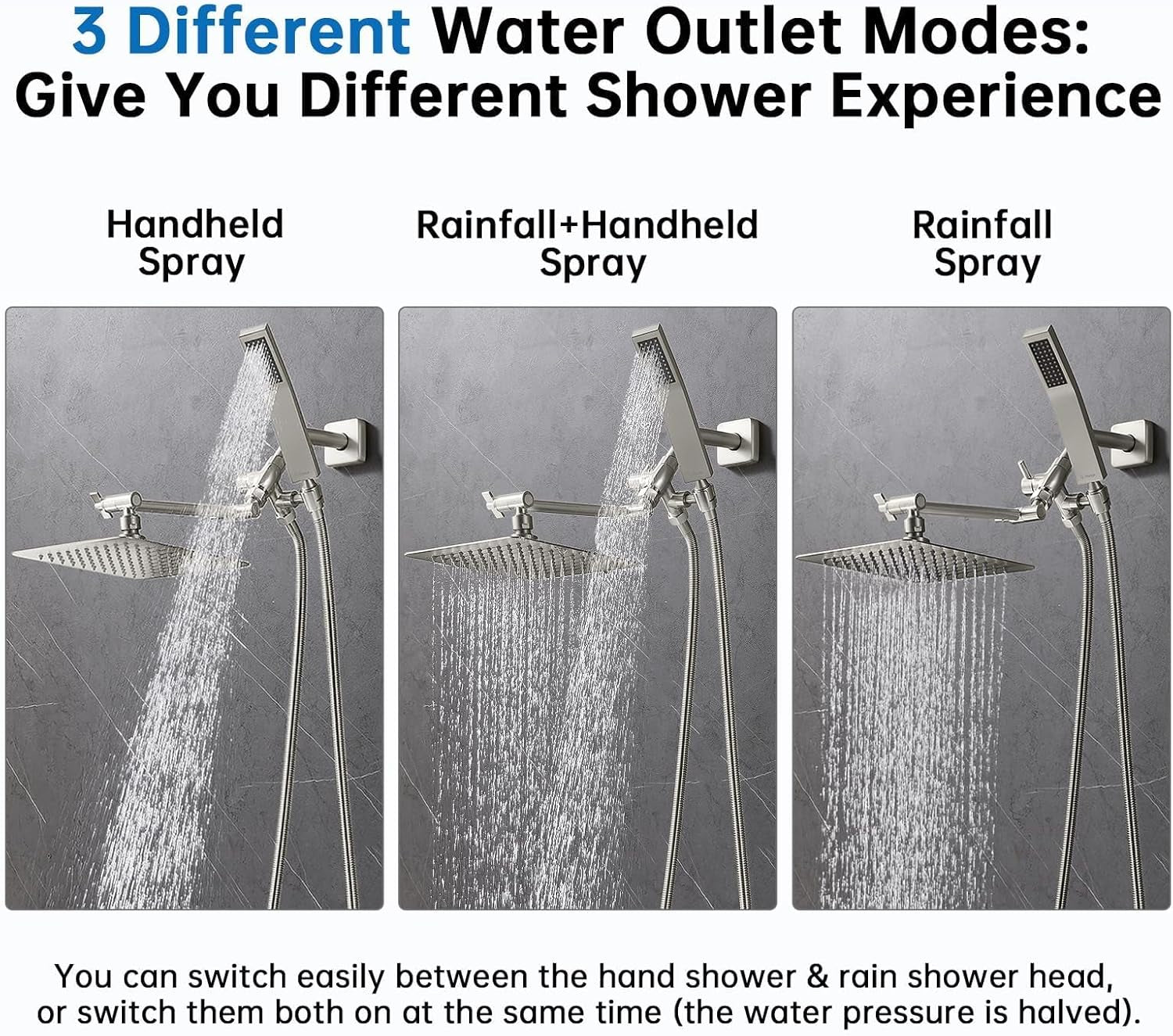 All Metal 8 Inch Dual Square Shower Head with Handheld Spray Combo, Rain Shower Head, Adjustable Extension Arm, 3-Way Diverter, 71 Inch Extra Long Hose - a Bathroom Upgrade (Brushed Nickel)