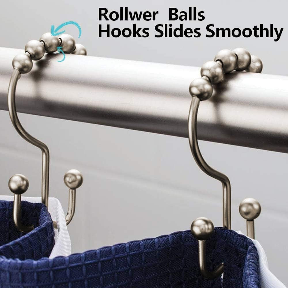 Shower Curtain Hooks, Rust Proof Metal Easy Glide Double Rings, Stainless Steel Hangers for Bathroom Curtains, Set of 12, Brushed Nickel