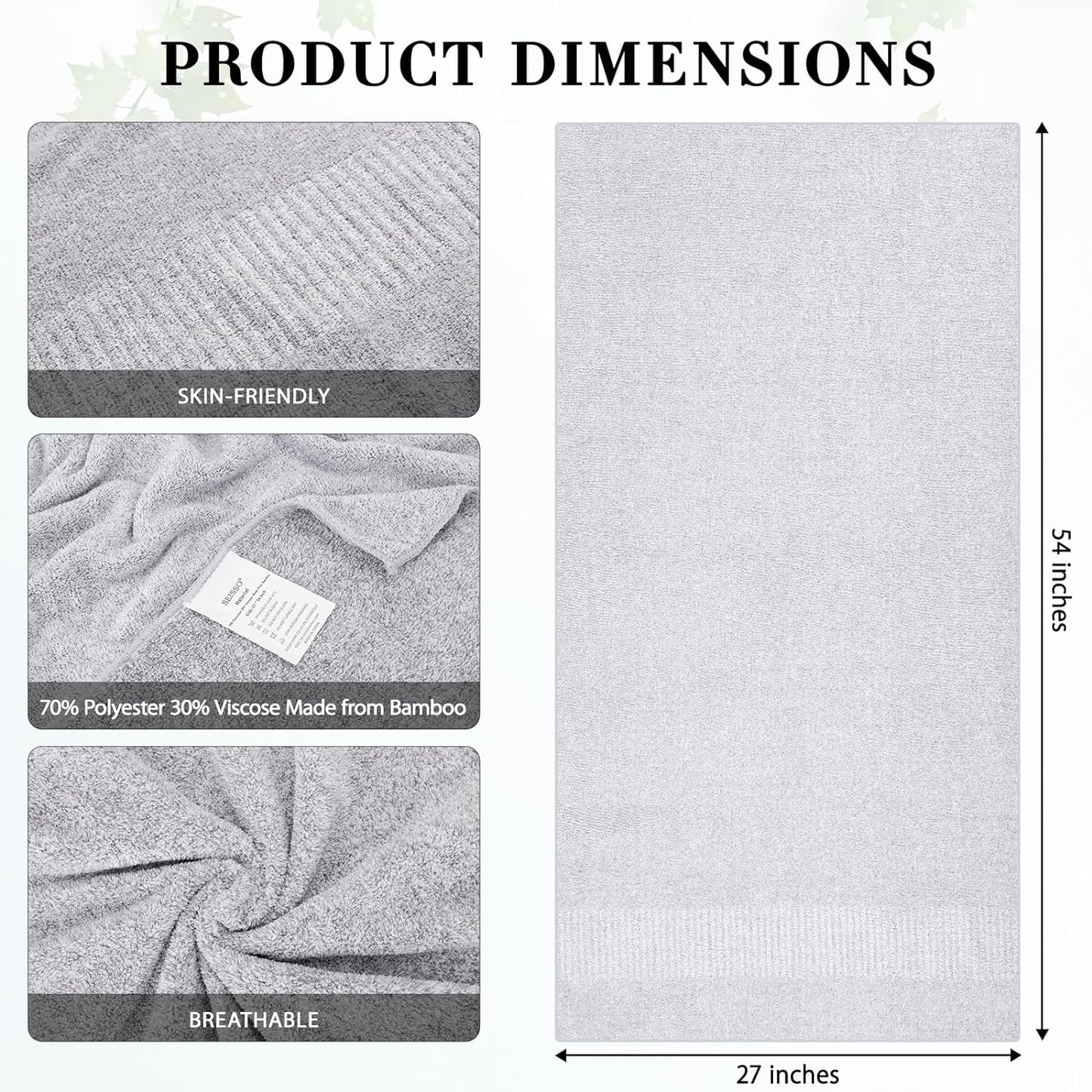 2-Pack 27" X 54" Bath Towels 30% Viscose Made from Bamboo Ultra Soft & Highly Absorbent Solid Premium Bath Towels for Bathroom, Hotels, Spa and Gym, Light Gray