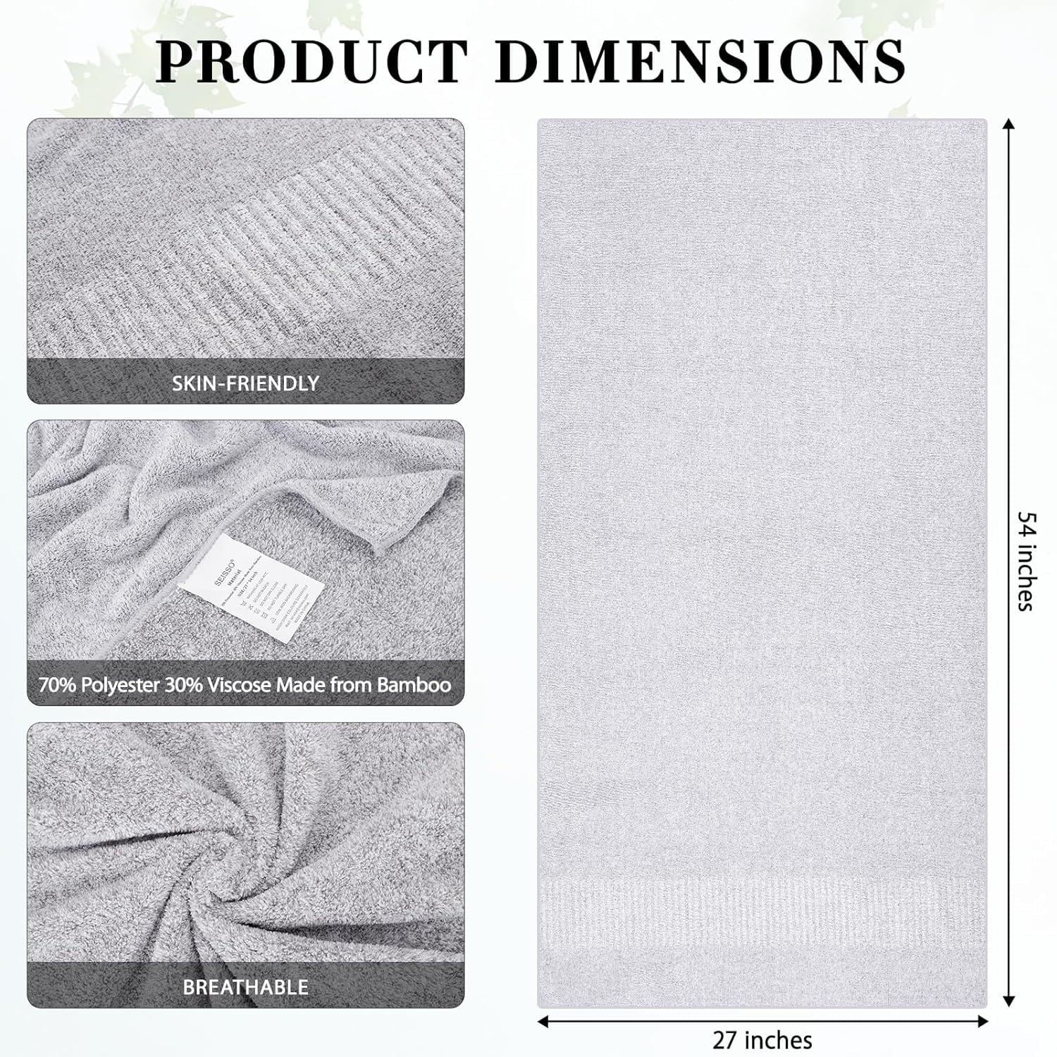 2-Pack 27" X 54" Bath Towels 30% Viscose Made from Bamboo Ultra Soft & Highly Absorbent Solid Premium Bath Towels for Bathroom, Hotels, Spa and Gym, Light Gray