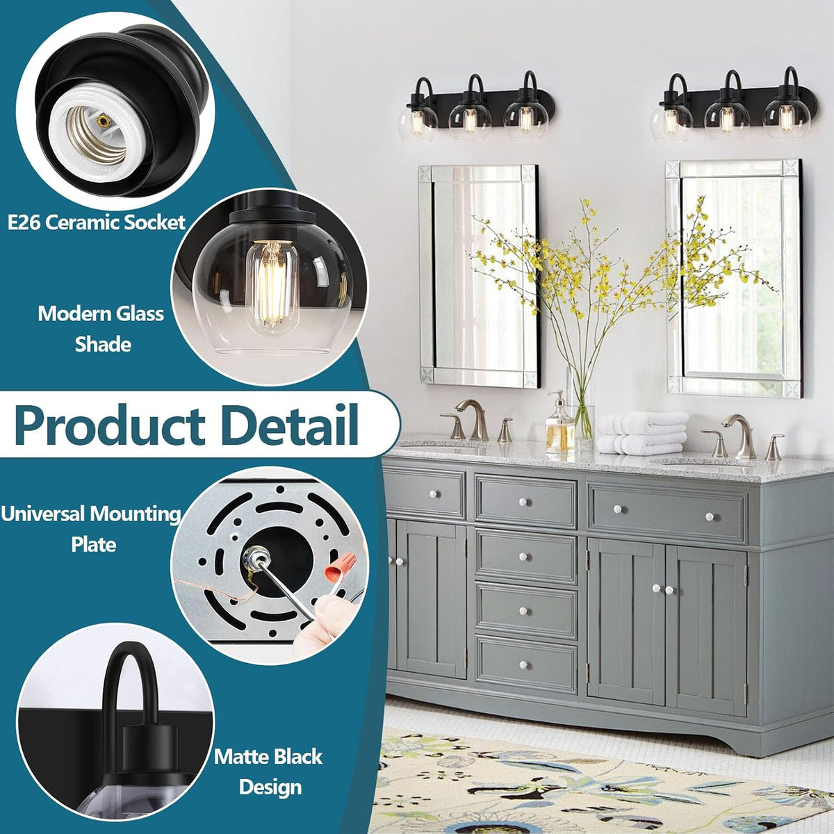 Bathroom Vanity Light,Modern 3-Light Bathroom Lighting Fixtures over Mirror with Clear Glass Shade and Metal Base,Matte Black Bathroom Lighting