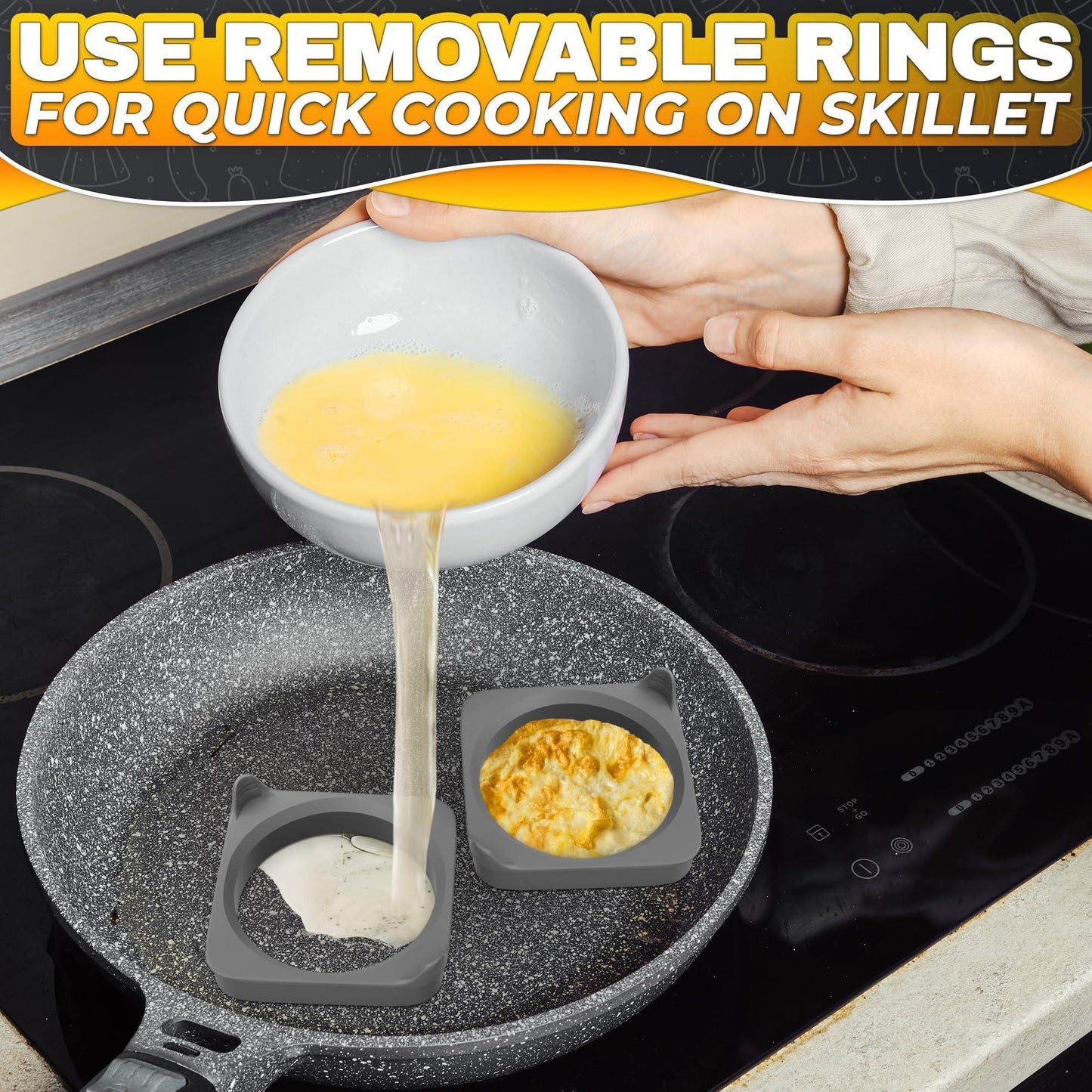 Silicone Egg Rings for Frying Eggs 16.5 X8.9 Inch 6 Ring Removable Silicone Egg Molds for Griddle 12 Shapes 6 round & 6 Square Non Stick & Heat Resistant Ergonomic Handles for Easy Cooking