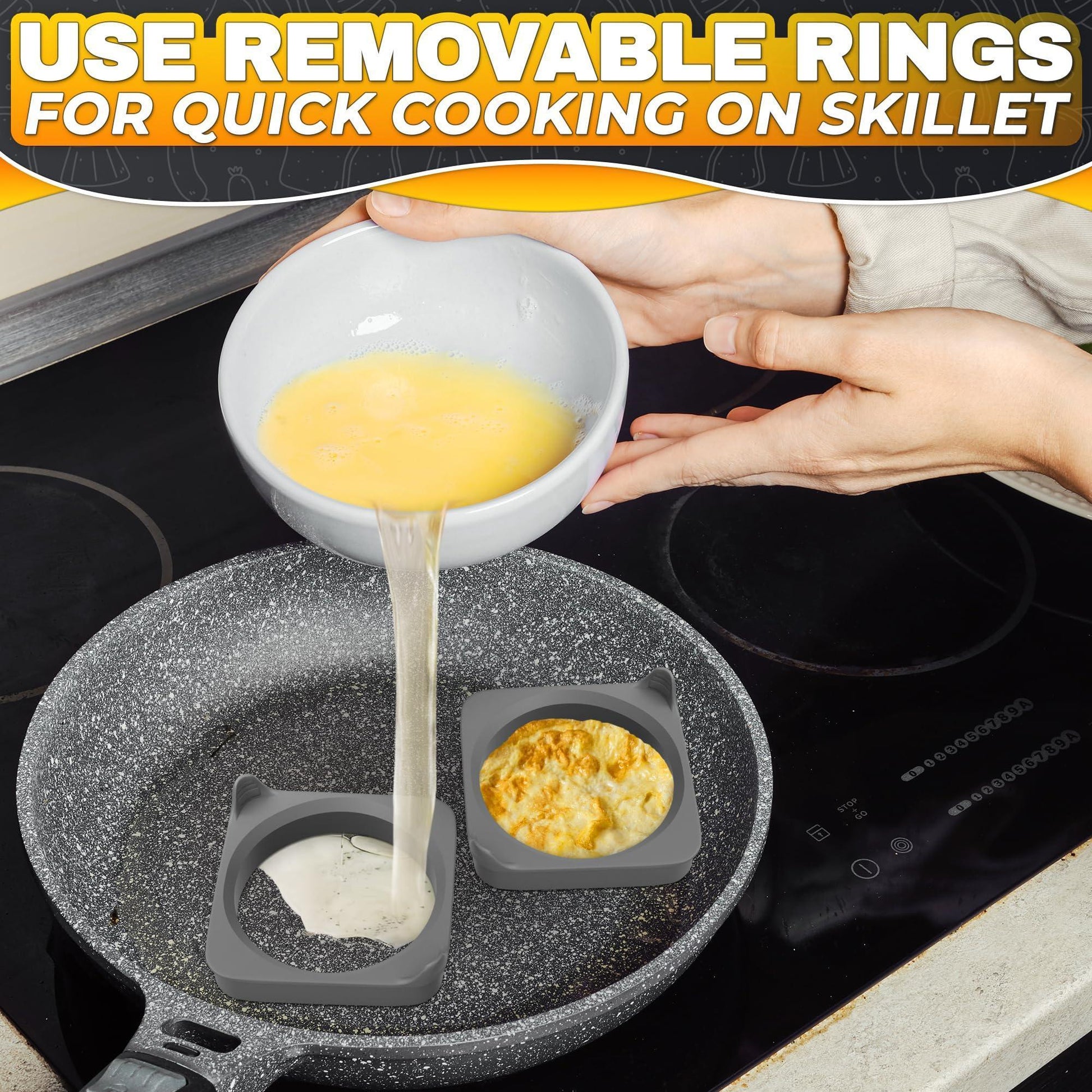 Silicone Egg Rings for Frying Eggs 16.5 X8.9 Inch 6 Ring Removable Silicone Egg Molds for Griddle 12 Shapes 6 round & 6 Square Non Stick & Heat Resistant Ergonomic Handles for Easy Cooking