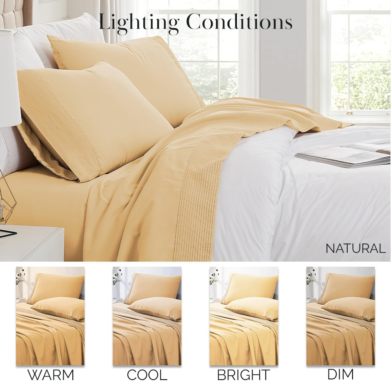 5-Piece Split King Sheet Set, 21-Inch Extra Deep Pocket Split King Adjustable Bed Sheets, with 2 Fitted Sheets, 1 Flat Sheet, and 2 King Pillowcases, Gold Sheets