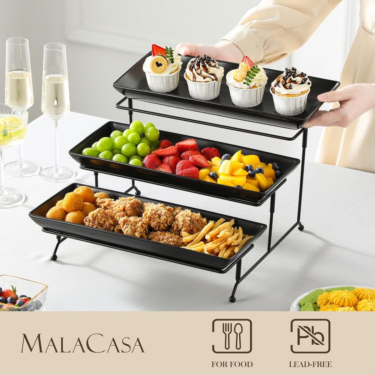 3 Tier Serving Trays for Party, Stoneware Serving Platters and Trays, 14 Inch Tiered Tray Stand, Fruit Tray, Trays for Serving Food, Black Dessert Stand with Collapsible Sturdier Metal Rack