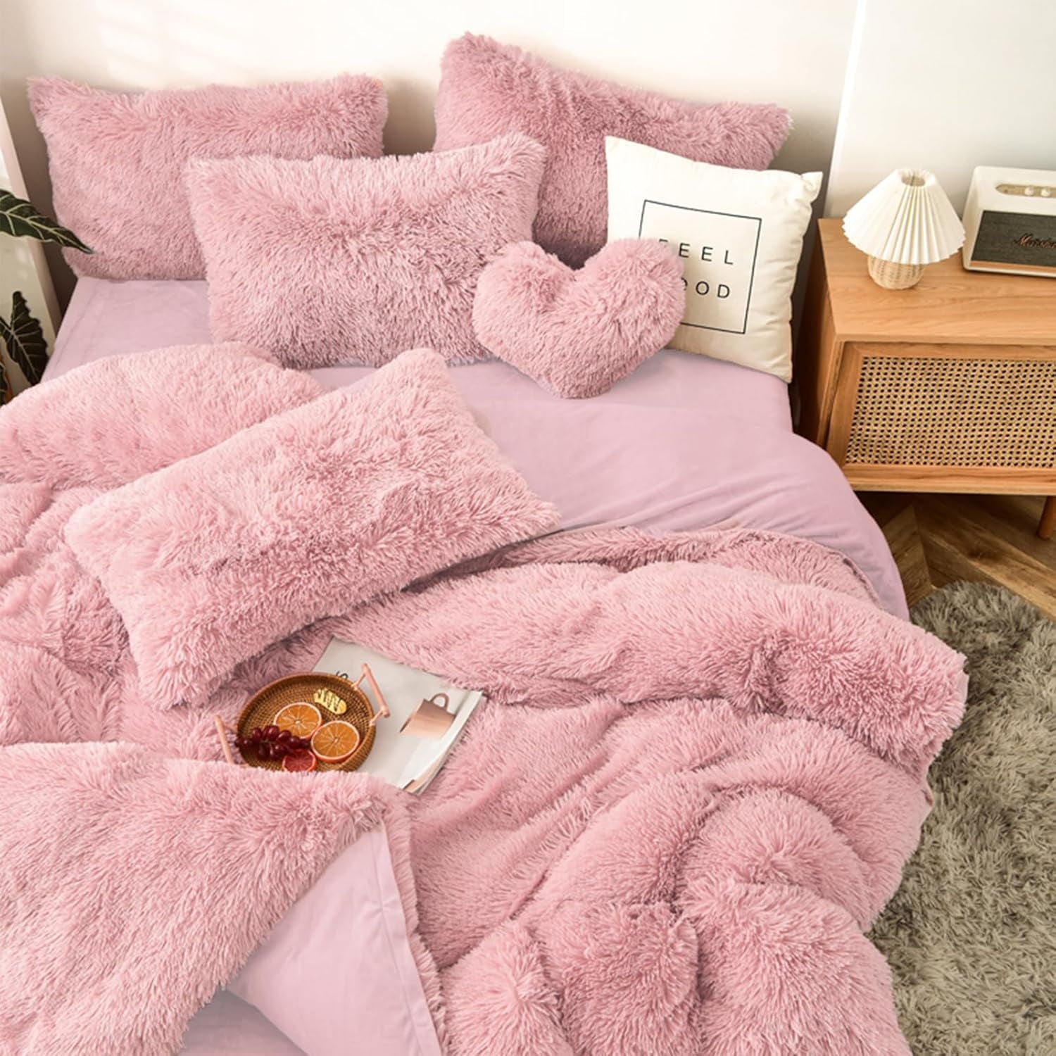 5 PCS Shaggy Duvet Cover Bedding Set - Fluffy Comforter Cover Long Faux Fur Luxury Ultra Soft Cozy (Blush, King/California King)